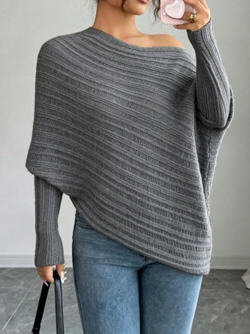Grey Casual Women's Batwing Sleeve Asymmetrical Hem Sweater